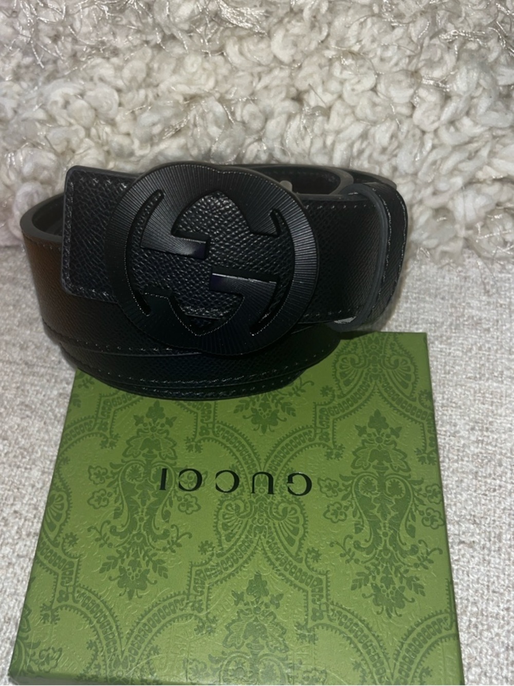 Gucci Black Leather Belt with Matte Interlocking G Buckle
